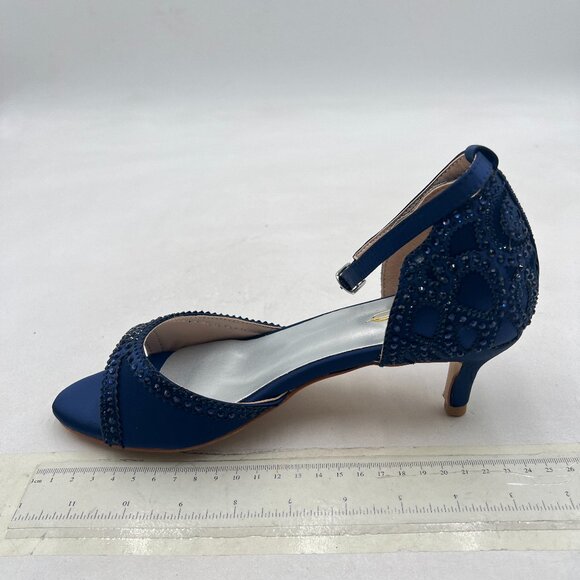 XYD Navy Open Toe Rhinestones Ankle Strap Sandals Low Heel Bridal Evening Shoes - Picture 2 of 8
